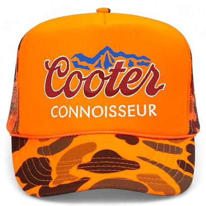 Connoisseur Trucker Hat | Funny Meme Party Trendy Cowboy Beer | Premium Snapback Hat for Men & Women - color: Orange Camo