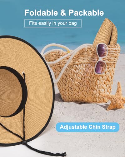 Sun Hats for Women, Summer Wide Brim Straw Beach Hat - color: Khaki Black, size: Large