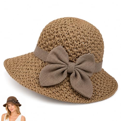 Elegant Woven Straw Sun Hat with Bow,Summer Beach Sun Straw Hats for Women,Wide Brim Packable Travel Bucket Hats,Summer Hats - color: Brown