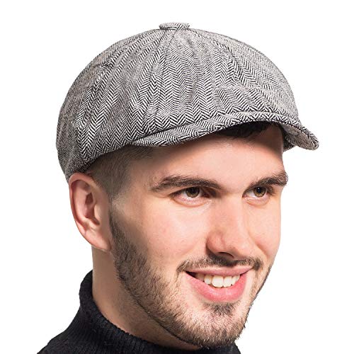 Gatsby Newsboy Hat Men Women Classic Herringbone 8 Panel Trendy Tweeb Flat Cap - color: B Light Gray