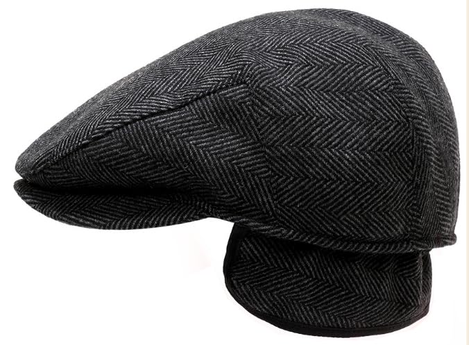 Men's Newsboy Hat with Earflaps Flat Ivy Caps Irish Cabbie Cap - color: Grey Herringbone