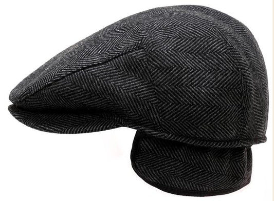 Men's Newsboy Hat with Earflaps Flat Ivy Caps Irish Cabbie Cap - color: Grey Herringbone