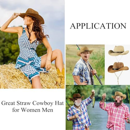 Straw Cowboy Hat for Women Men Classic Western Cowgirl Cap Foldable Sunhat Shapeable Fedora Panama Cap Wide Brim Beach Hat - color: Khaki
