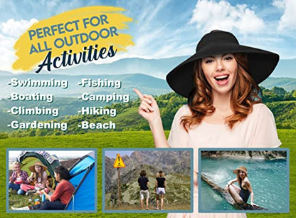 Straw Sun Visor for Women, Wide Brim UPF 50+ Protection Beach Hat, Adjustable, Roll Up Foldable Ponytail Cap with Chin Strap - color: Black
