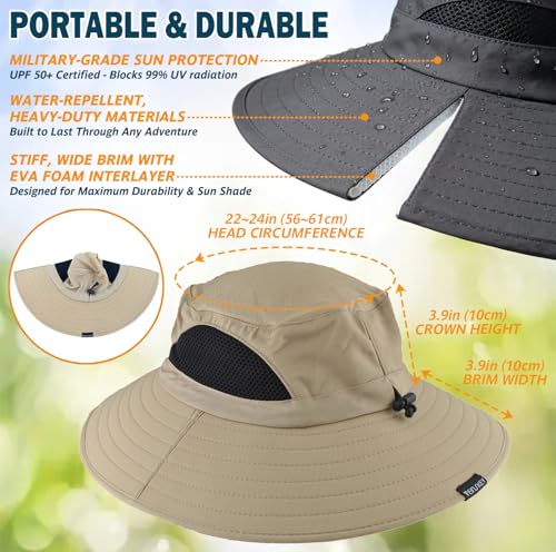 Wide Brim Sun Bucket Hat, Waterproof Boonie Hat for Men & Women - color: 01 Khaki