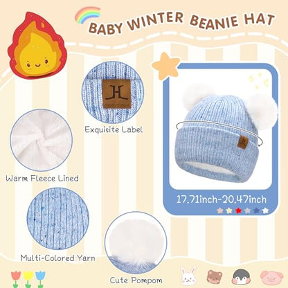 FZ FANTASTIC ZONE Toddler Kids Winter Hat Beanie Pompom Warm Fleece Baby Hats 0-6 12 Months 1 2 3 4 Year Old Girls Boys Gifts - color: Blue