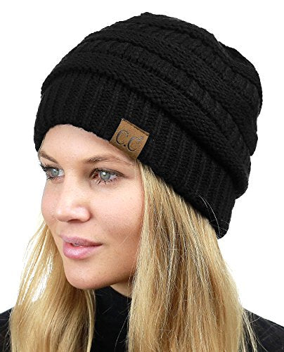 C.C Unisex Chunky Soft Stretch Cable Knit Warm Fuzzy Lined Skully Beanie - color: Black