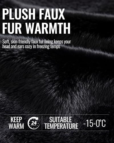 CLAPE Women Waterproof Warm Winter Hat, Soft Faux Fur Trapper Hat w/Ear Flaps, Men Outdoor Hunting Ushanka Russian Hats - color: Pl2411-black
