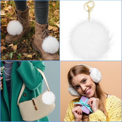 6 Pack Detachable Faux Fur Pom Poms with Snap Buttons, 3.9 Inch White Pompoms for Hats Beanies Scarves Gloves Bags, DIY Knitting Accessories (White)