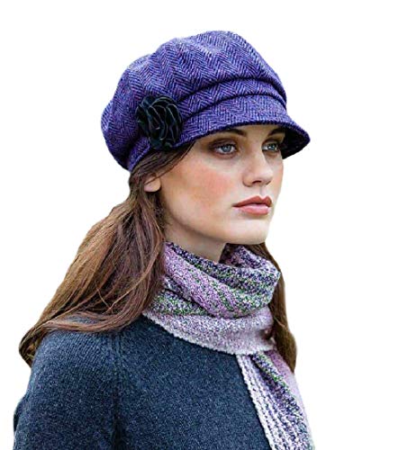 Newsboy Hat for Women's Cap 8 Panel Wool Made in Ireland - color: Purple Herringbone