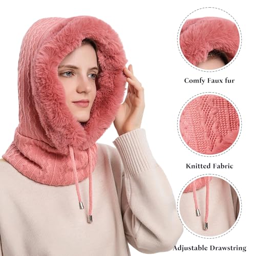 HUAMULAN Women Cable Knit Balaclavas Winter Fleece Lined Beanie Hat - color: Dusty Pink