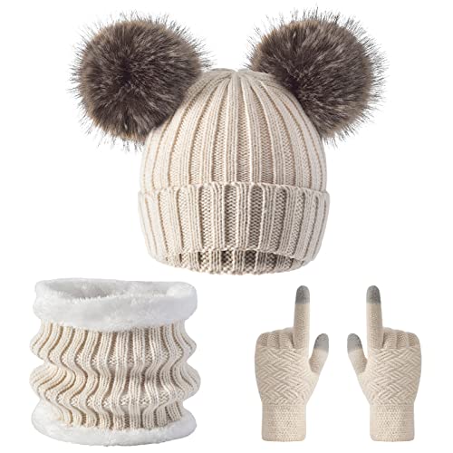 3 Pcs Women Winter Knit Beanie Hat Scarf Touchscreen Gloves Set Warm Soft Thick Fleece Lined Skull Cap with Double Pom Pom - color: Beige
