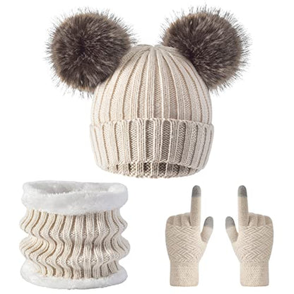 3 Pcs Women Winter Knit Beanie Hat Scarf Touchscreen Gloves Set Warm Soft Thick Fleece Lined Skull Cap with Double Pom Pom - color: Beige