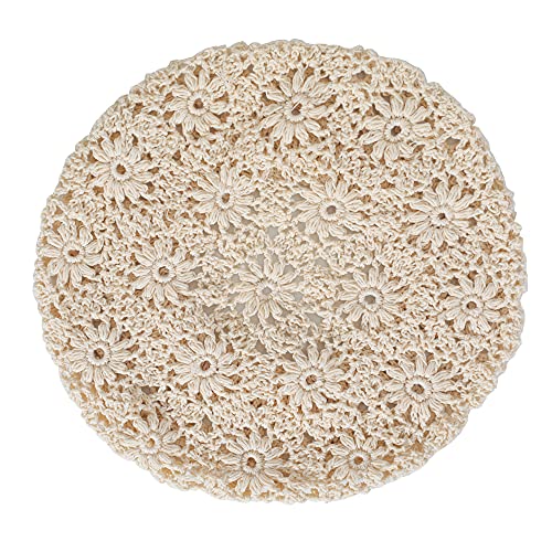 ZLYC Women Cotton Slouchy Crochet Beret Handmade Cutout Floral Beanie Hat - color: Plain Beige