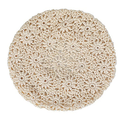 ZLYC Women Cotton Slouchy Crochet Beret Handmade Cutout Floral Beanie Hat - color: Plain Beige