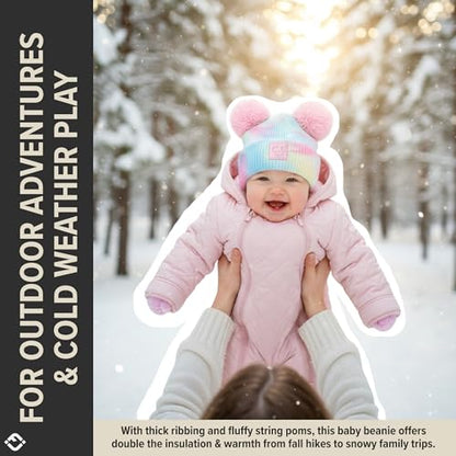 Funky Junque Double Pom Pom Baby Beanie – Newborn Girl Winter Hat 0–12 Months, Cute Cozy Knit Infant Beanies for Cold Weather - color: Tie Dye - Cotton Candy - Double Pom