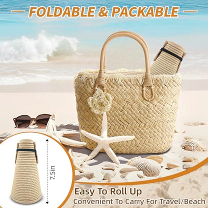 Sun Hats for Women Wide Brim Straw Sun Visors Ponytail Hat - color: Beige