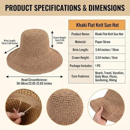 Womens Sun Hat Straw Hat Wide Brim Foldable Roll-Up Beachwear Sun Hat Summer Beach Hat (Khaki)