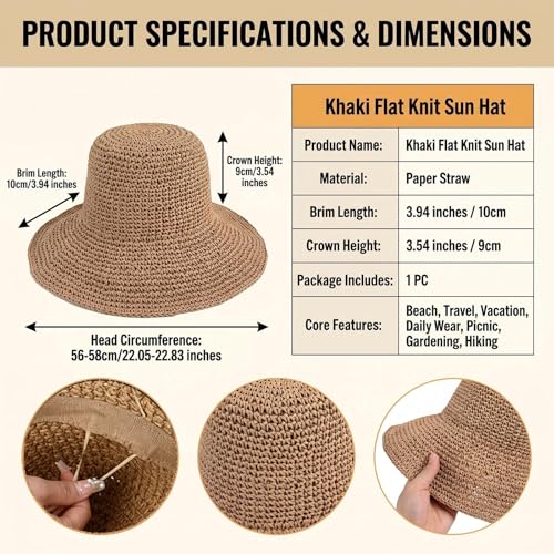 Womens Sun Hat Straw Hat Wide Brim Foldable Roll-Up Beachwear Sun Hat Summer Beach Hat (Khaki)