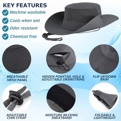 Cooling Sun Bucket Hat, UPF 50+ Wide Brim Boonie Hat with Ponytail Hole - color: 01 Dark Grey
