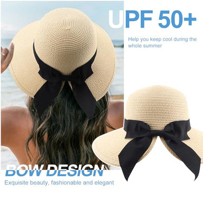 DRESHOW Sun Hats for Women Travel Fedora Foldable Beach Sun Hat Summer Wide Brim Straw Bucket Hat with Bowknot UPF 50+ - color: 1 Pack With Bowknot: Beige