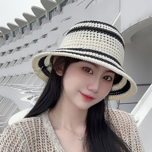 Gogobear Summer Straw Sun Hat for Women Outdoor Striped Beach Bucket Hat - color: White
