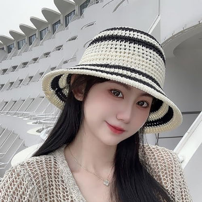 Gogobear Summer Straw Sun Hat for Women Outdoor Striped Beach Bucket Hat - color: White
