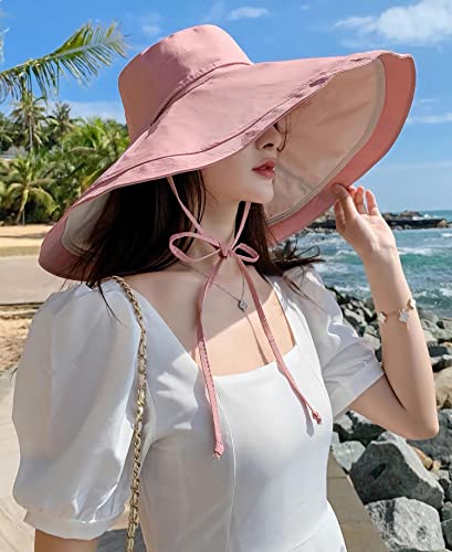 HUAMULAN Women Summer Vacation Wide Brim Sun Hat Reversible Fishing Hats - color: Pinkbeige