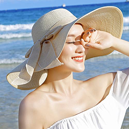 FSIGOM Women's Folable Floppy Hat,Wide Brim Sun Protection Straw Hat, Summer UV Protection Beach Cap - color: C1-f-beige, size: Medium