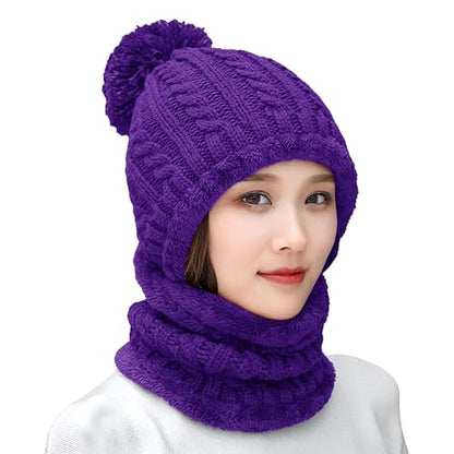 HUAMULAN Women Winter Knit Beanie Hats One Piece Fleece Lined Balaclavas - color: Purple