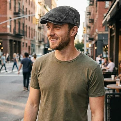 Initlove Mens Newsboy Cap Washed Beret Ivy Hat Flat Hats for Cabbie Driving - color: Black + Grey