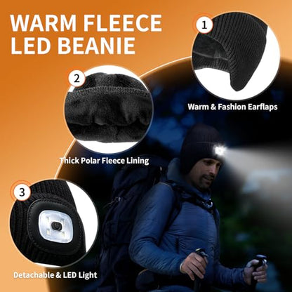 CENSGO Fleece Lined Beanie with a Light Built in, Warm Lighted Stocking Hat with Ear Flaps - color: Black