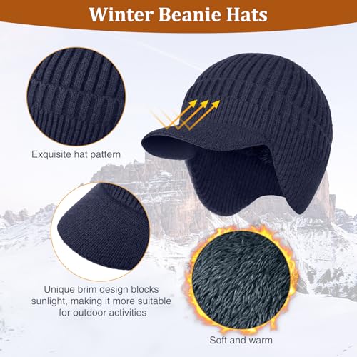 2Pack Men&Women Winter Warm Fleece-Lined Knit Beanie Hats with Brim & Ear Flaps for Cold Weather - color: Black+navy Blue