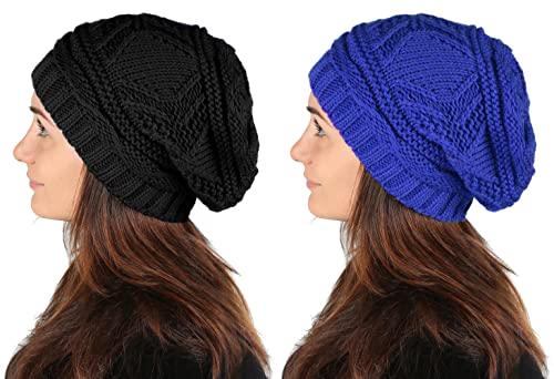 Lilax Knit Slouchy Oversized Soft Warm Winter Beanie Hat - color: Black/Royal - 2 Pack