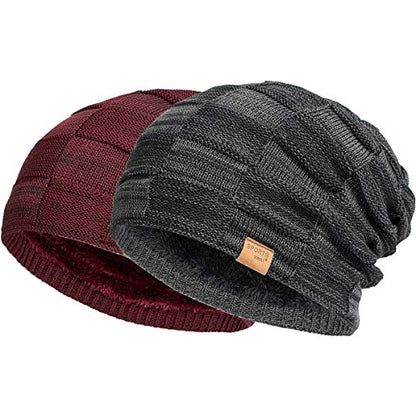 Vgogfly Slouchy Beanie for Men Winter Hats for Guys Cool Beanies Mens Lined Knit Warm Thick Skully Stocking Binie Hat Pairs - color: Black / Wine Red