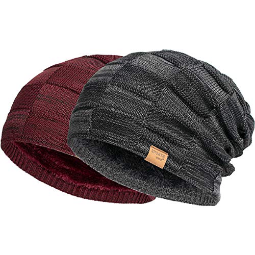 Vgogfly Slouchy Beanie for Men Winter Hats for Guys Cool Beanies Mens Lined Knit Warm Thick Skully Stocking Binie Hat Pairs - color: Black / Wine Red