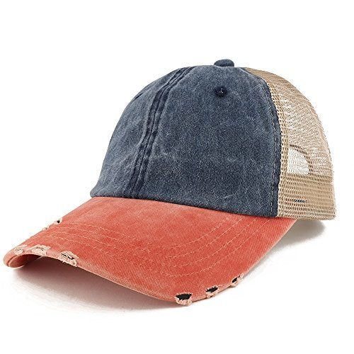 Trendy Apparel Shop Pigment Dyed Front Mesh Back Frayed Bill Trucker Cap - color: Navy Orange