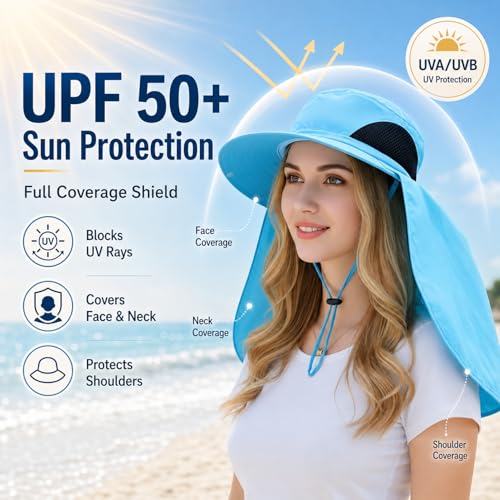 HUAMULAN Women Men Wide Brim Sun Hat Hiking Fishing Hats with Neck Flap - color: Yq005-blue