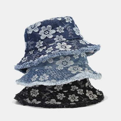 Quanhaigou Frayed Unisex Sun Hats, Fashion Beach Bucket Hat for Men Women,Summer Outdoor Boy's Girls Boonie Cap - color: Denim Floral L.blue
