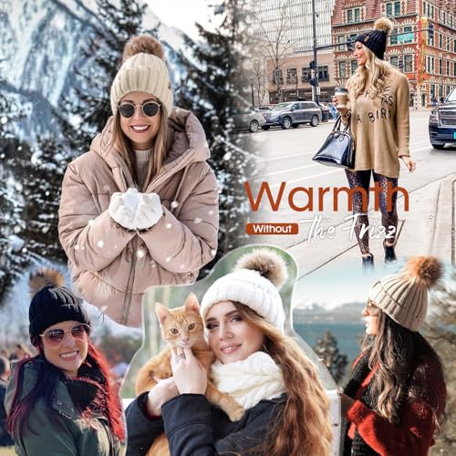 FURTALK Womens Winter Beanie Hat Satin Lined Faux Fur Pom Pom Beanies Hat for Women Winter Warm Knit Hats - color: Beige