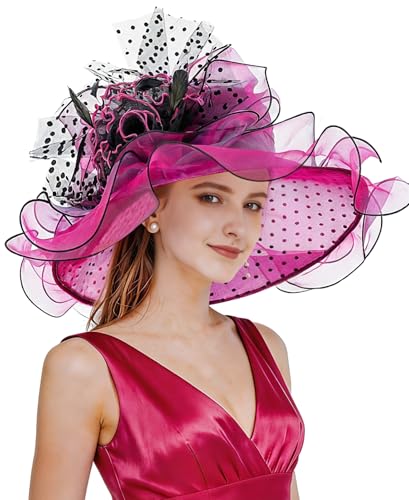 Z&X Women Organza Church Derby Hat Wide Brim Sun Hats for Wedding Tea Party Fascinator Hat, Dual-use - color: 031 Rose Red
