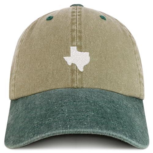 Trendy Apparel Shop Texas State Map Embroidered Washed Cotton Adjustable Cap - color: Khaki Dark Green
