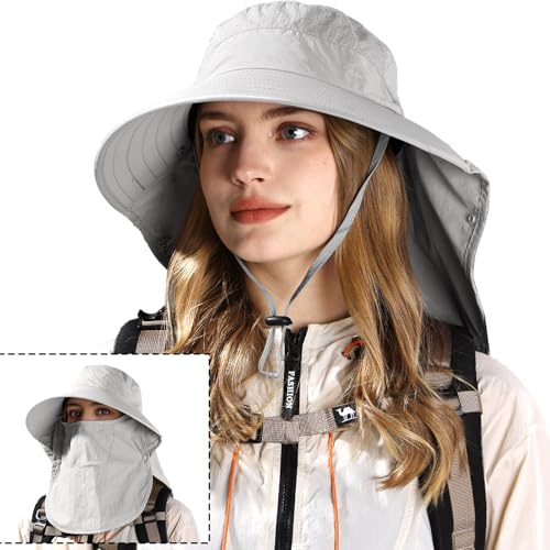 Rosoz Sun Hat for Men Women with Neck Flap& Removable Face Cover Wide Brim - color: 1pack-light Grey