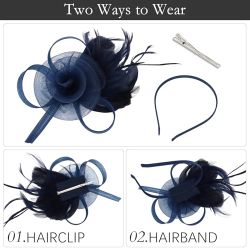 AMCAMI Fascinators Hats with Feather for Women 2026 Derby Hats Small Tea Party Hat with Headband - color: Navy Blue