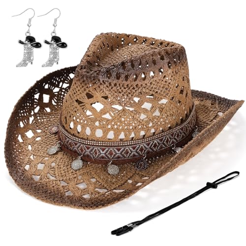 Straw Cowboy Hat for Women, Western Cowgirl Hats with Boot Earrings, Brim Summer Beach Hat - color: Brown-a
