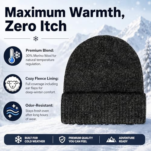 Men’s Plus Size M/L-XXL Merino Wool Beanie for Big Heads - color: Slate Gray, size: Medium-Large