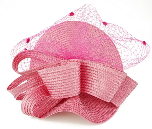 Kentucky Derby Fascinators for Women High Tea Party Hat Wedding Cocktail Flower Headware with Mesh and Feathers - color: Z-f0271-fushia