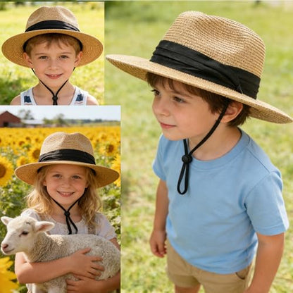 Kids Straw-Sun-Hat Boys Panama-Beach-Hat Girls Wide-Brim Sun Protection Fedora-Straw-Hat fit for 5-9T Summer-Outdoor