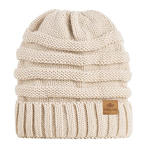 Womens Winter Beanie Warm Knit Hat Cable Stretch Trendy Ribbed Chunky Cap - color: Beige