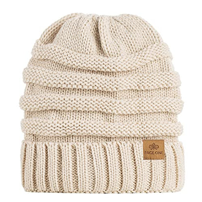 Womens Winter Beanie Warm Knit Hat Cable Stretch Trendy Ribbed Chunky Cap - color: Beige